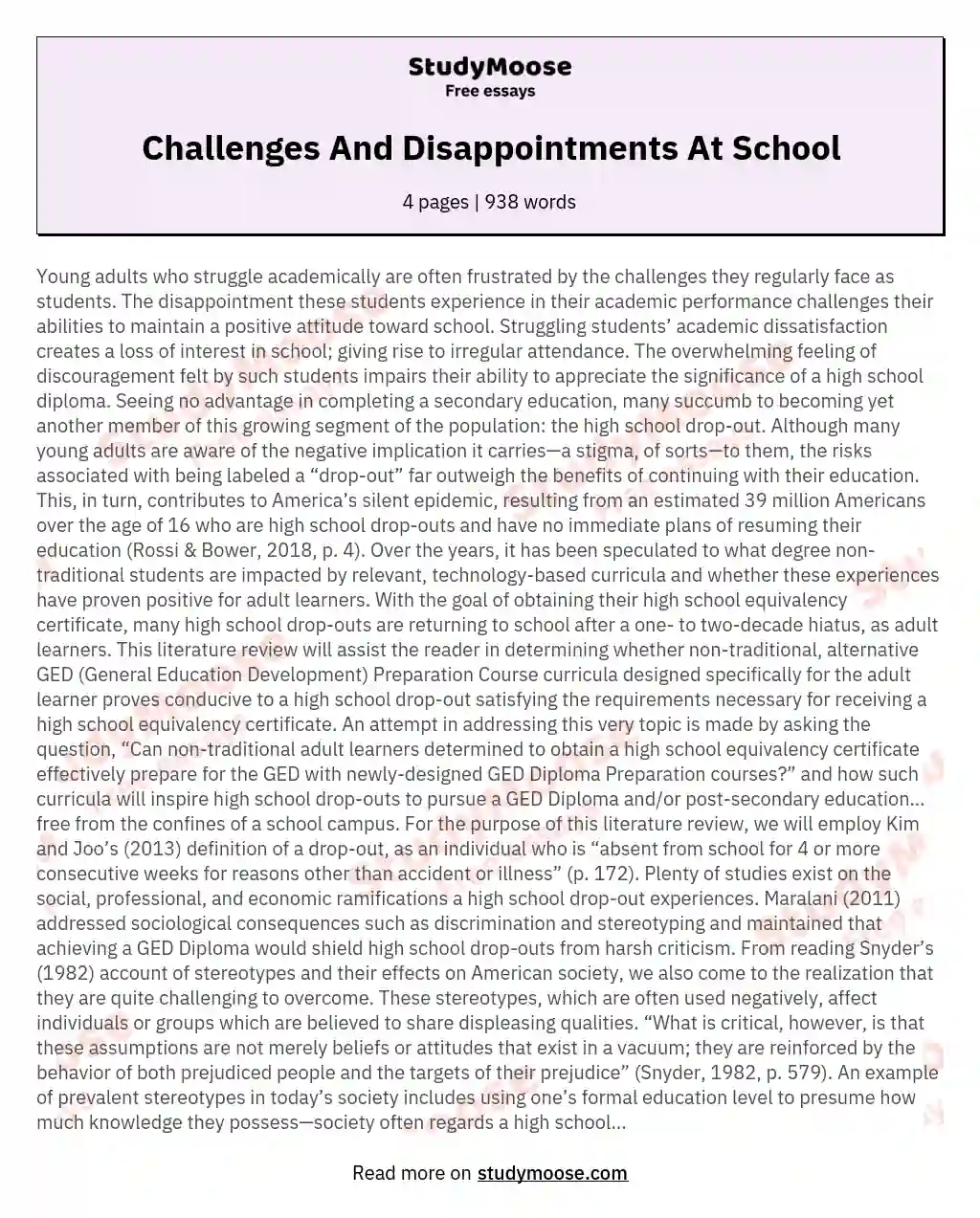 Challenges And Disappointments At School essay