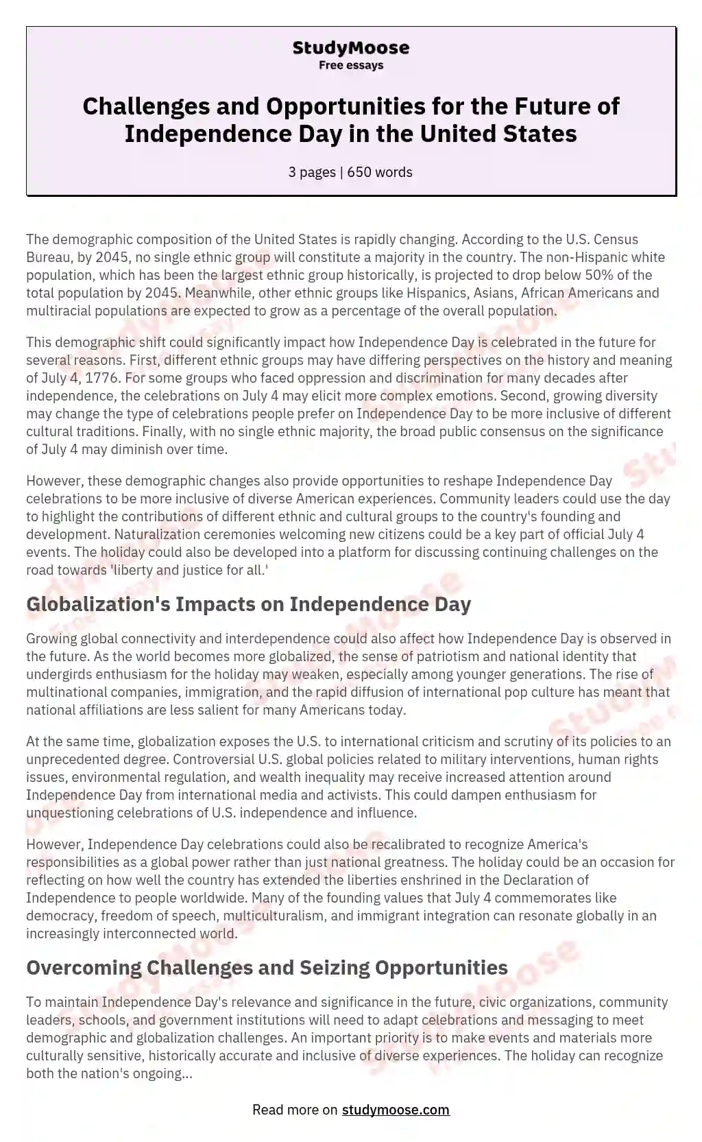Challenges and Opportunities for the Future of Independence Day in the United States essay