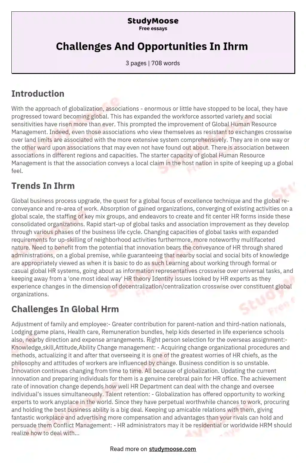 Challenges And Opportunities In Ihrm  essay