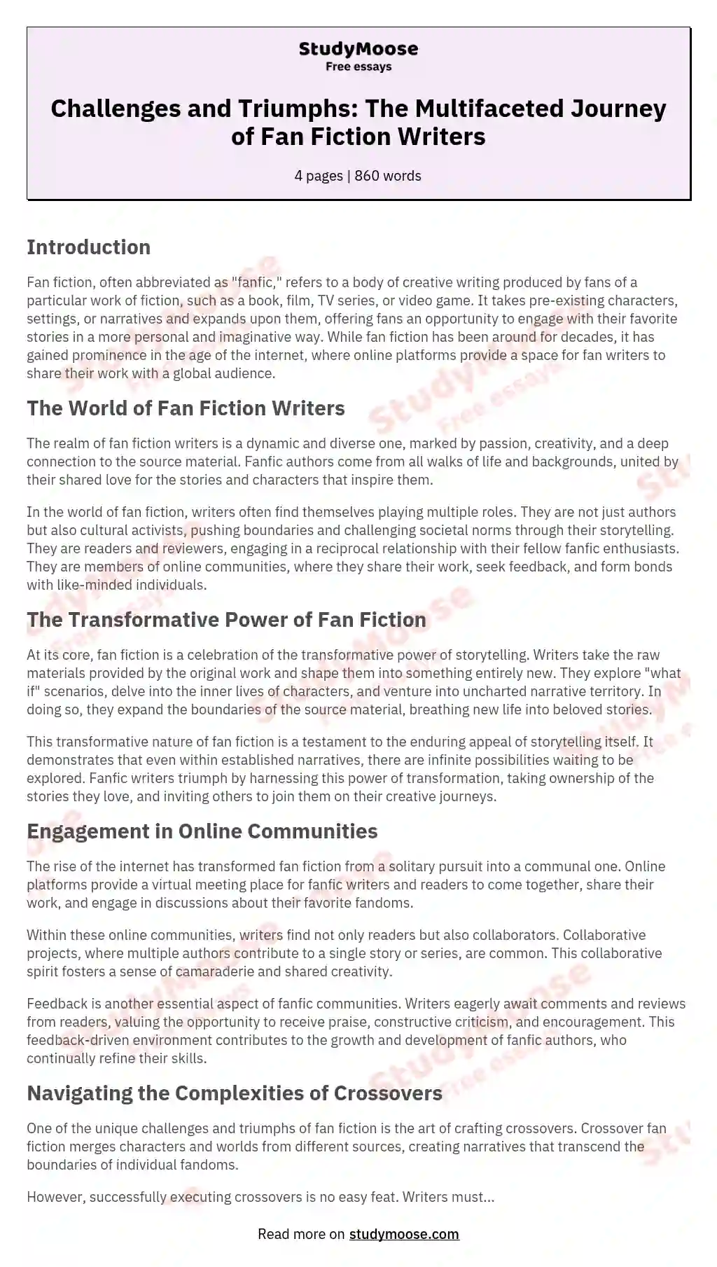 Challenges and Triumphs: The Multifaceted Journey of Fan Fiction Writers essay
