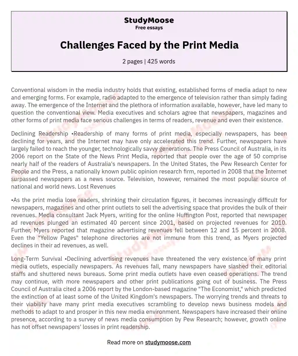 Challenges Faced by the Print Media essay