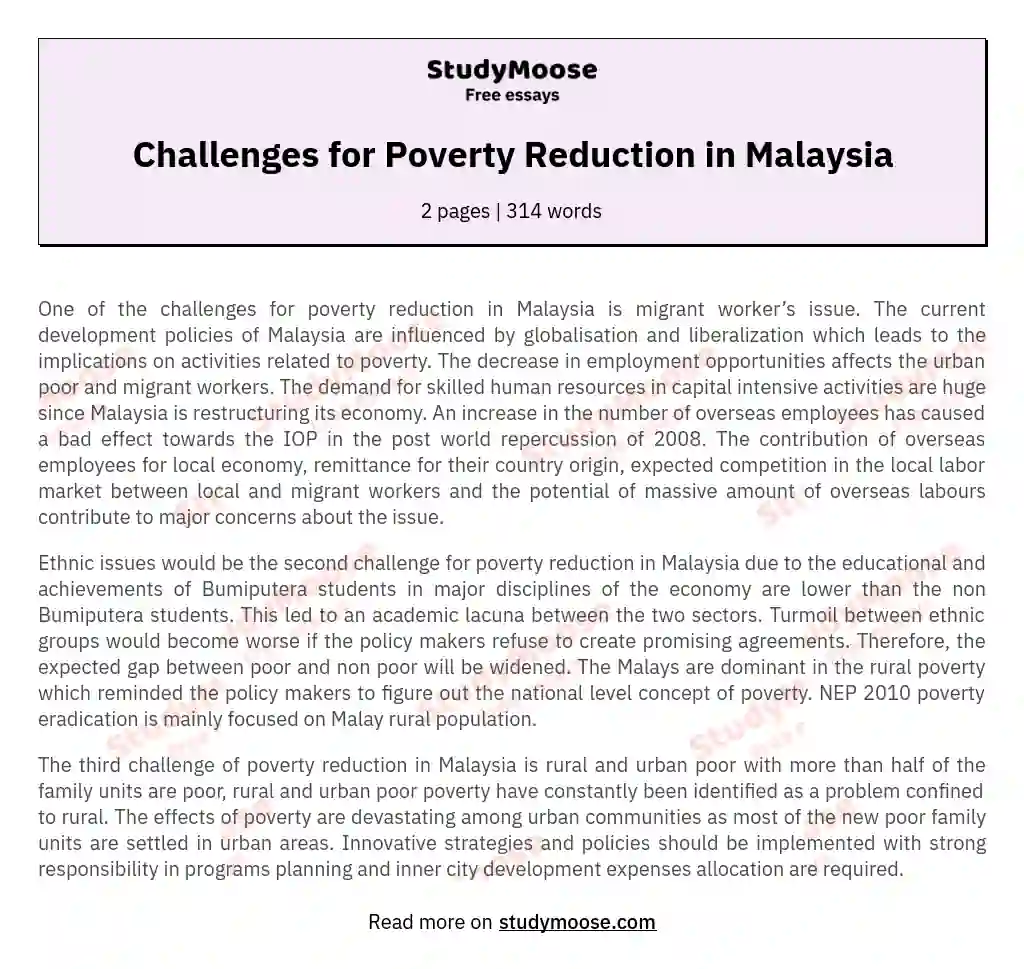 Challenges for Poverty Reduction in Malaysia