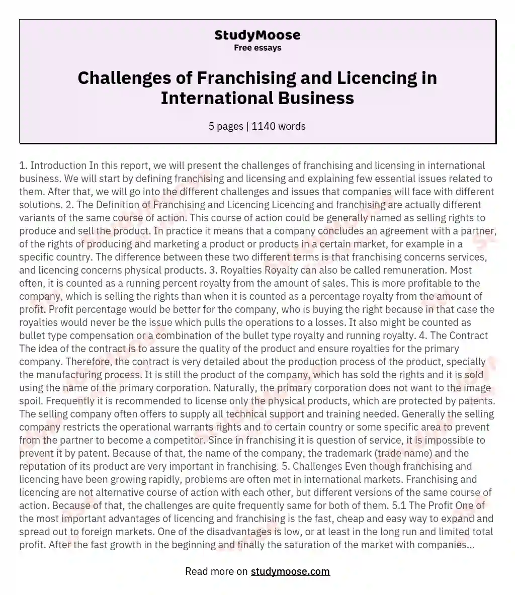 Challenges of Franchising and Licencing in International Business essay