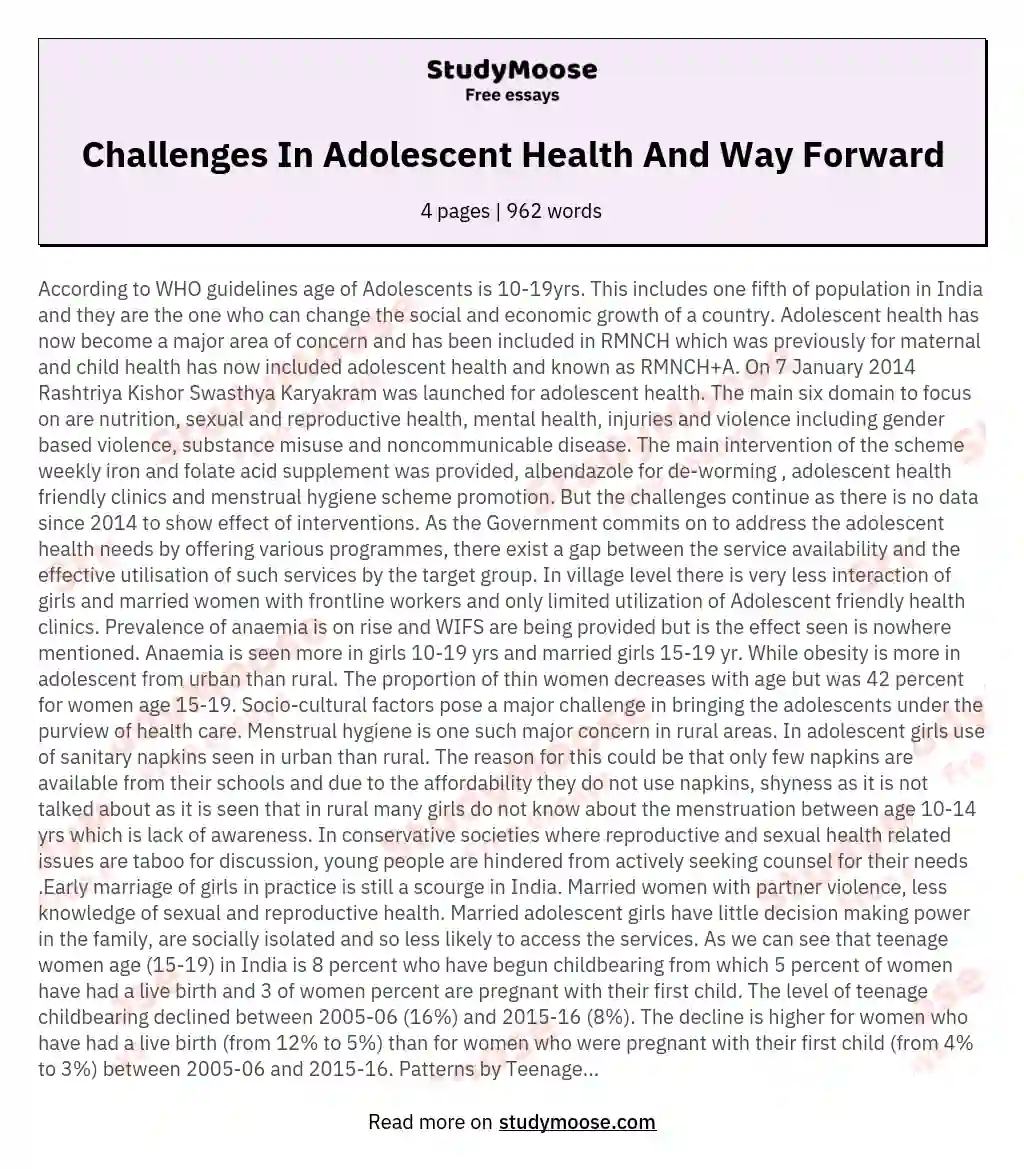 Challenges In Adolescent Health And Way Forward essay