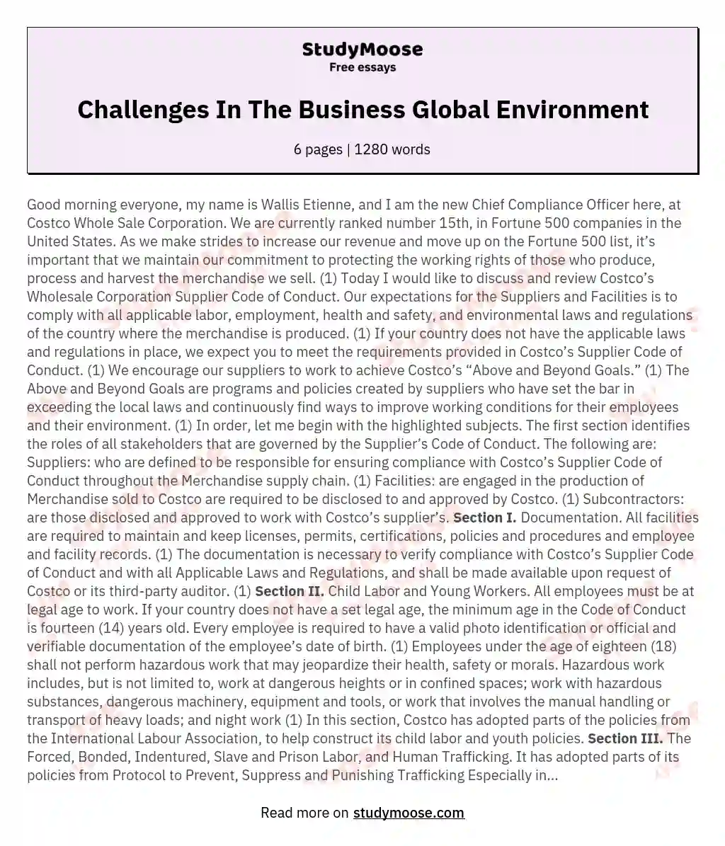 Challenges In The Business Global Environment essay