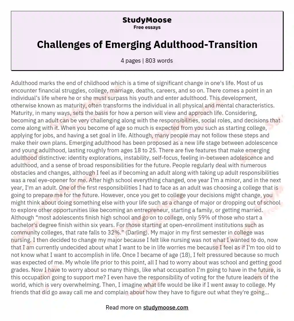 Challenges of Emerging Adulthood-Transition essay