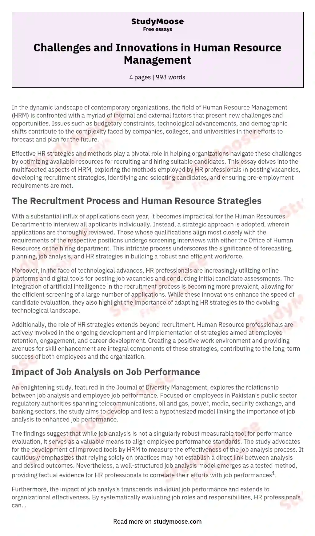 Challenges and Innovations in Human Resource Management essay