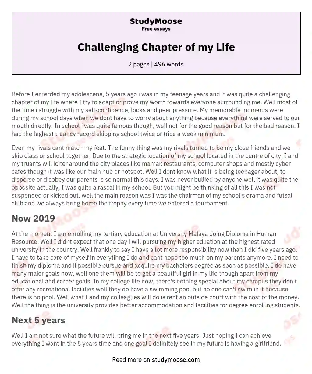 Challenging Chapter of my Life essay