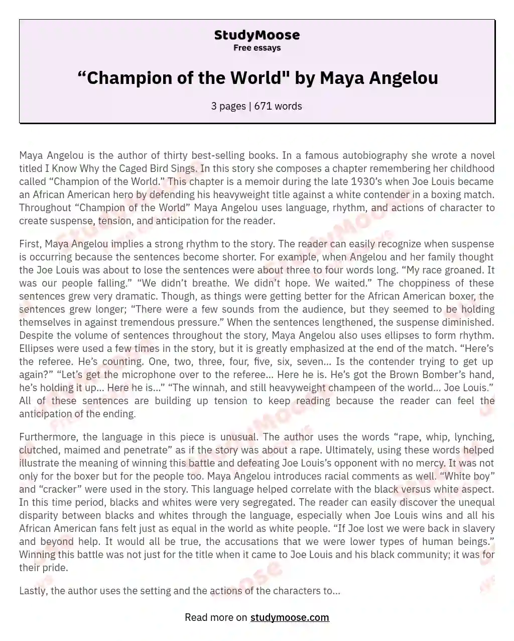 “Champion of the World" by Maya Angelou essay