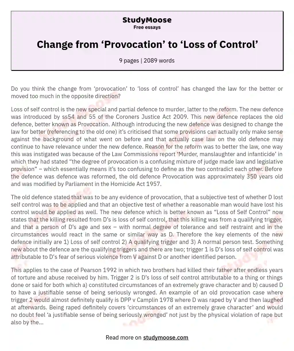 Change from ‘Provocation’ to ‘Loss of Control’ essay