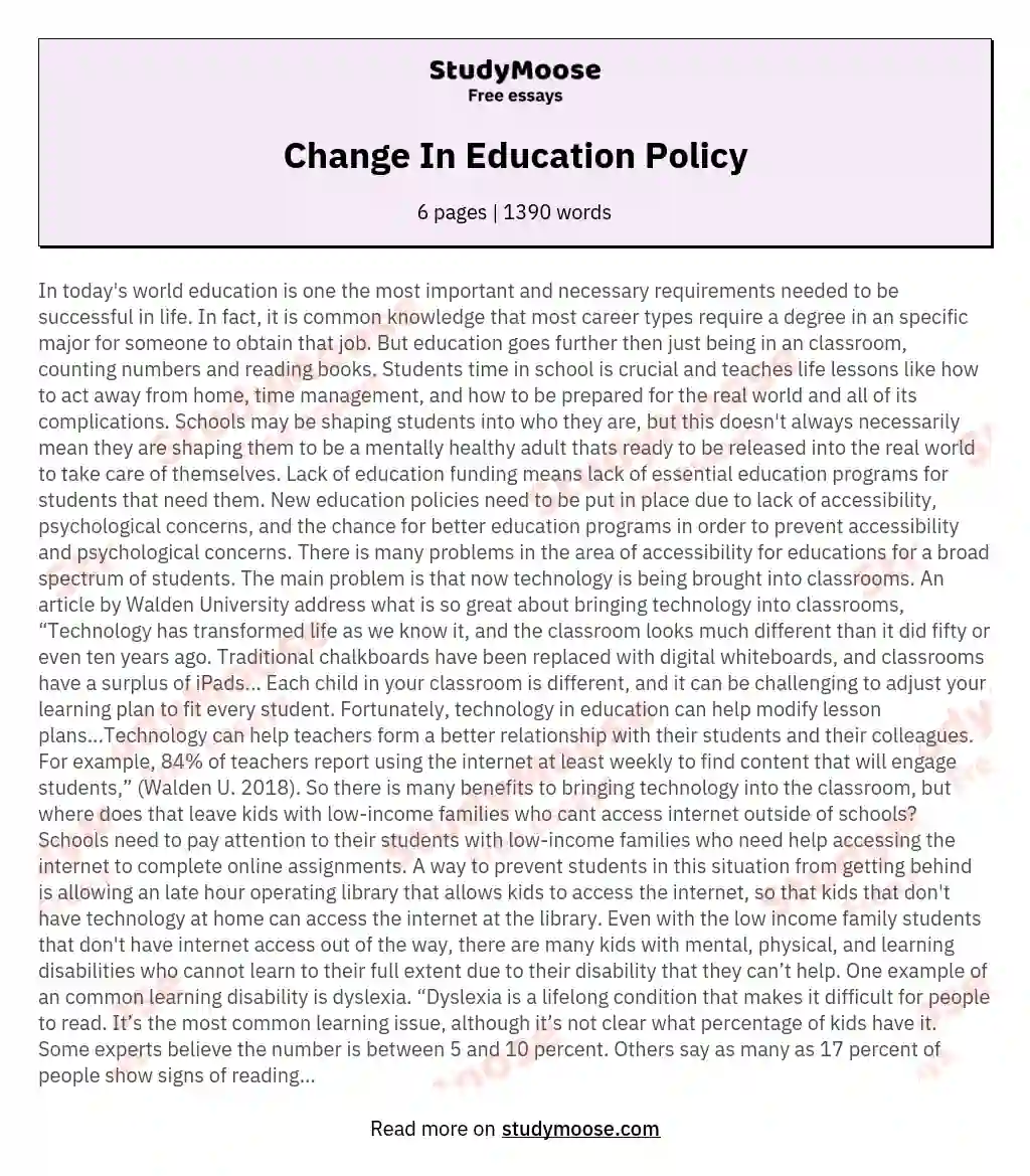 Change In Education Policy essay