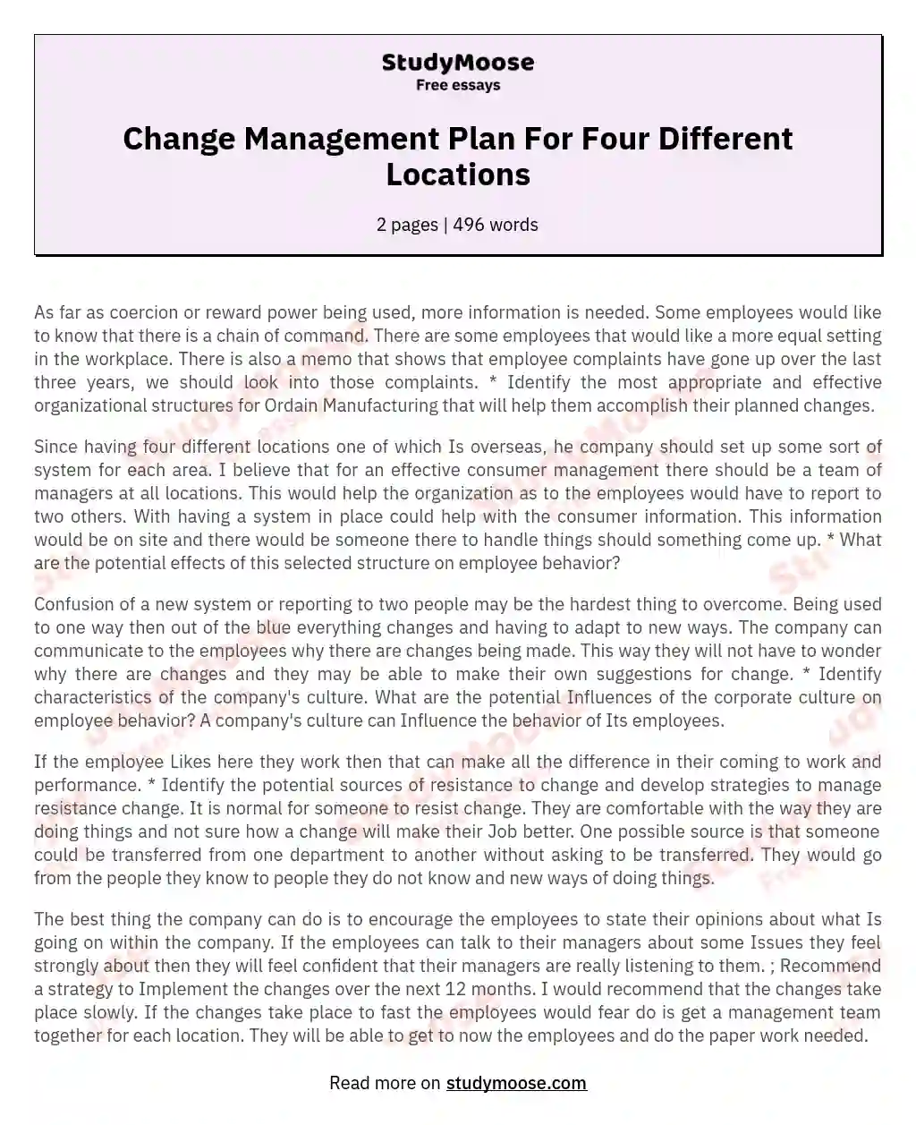 Change Management Plan For Four Different Locations essay