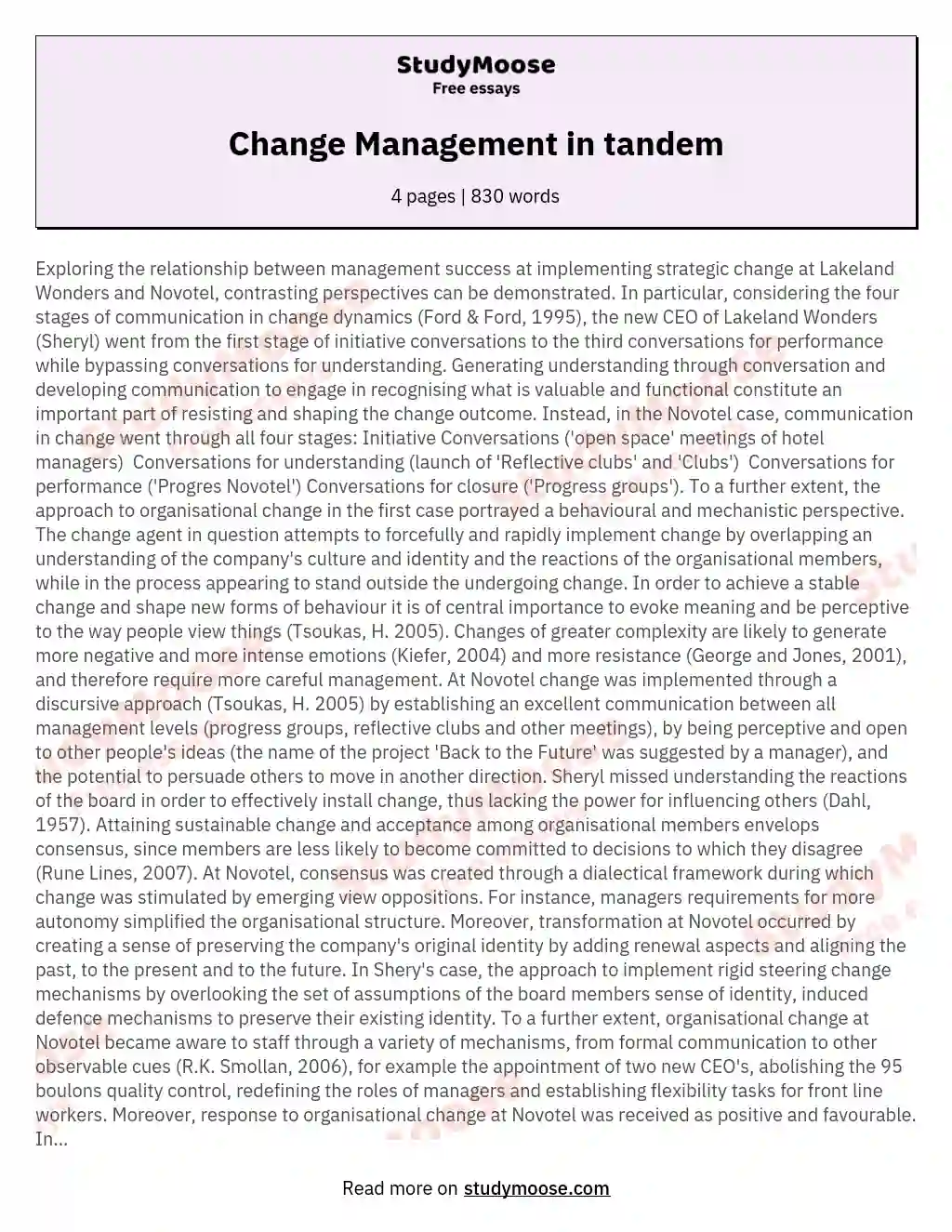 Change Management in tandem essay