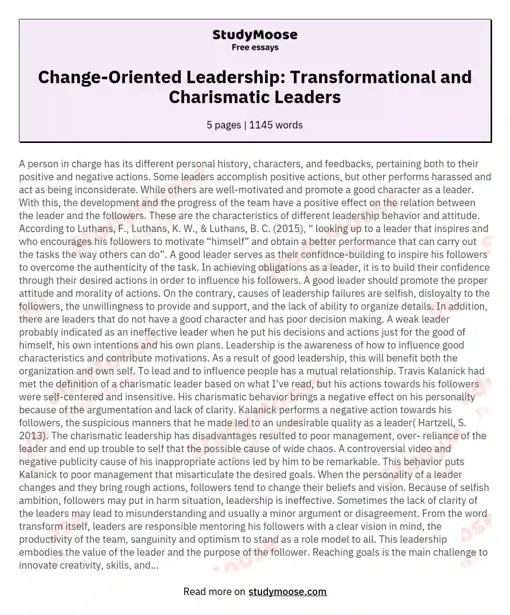 Change-Oriented Leadership: Transformational and Charismatic Leaders essay