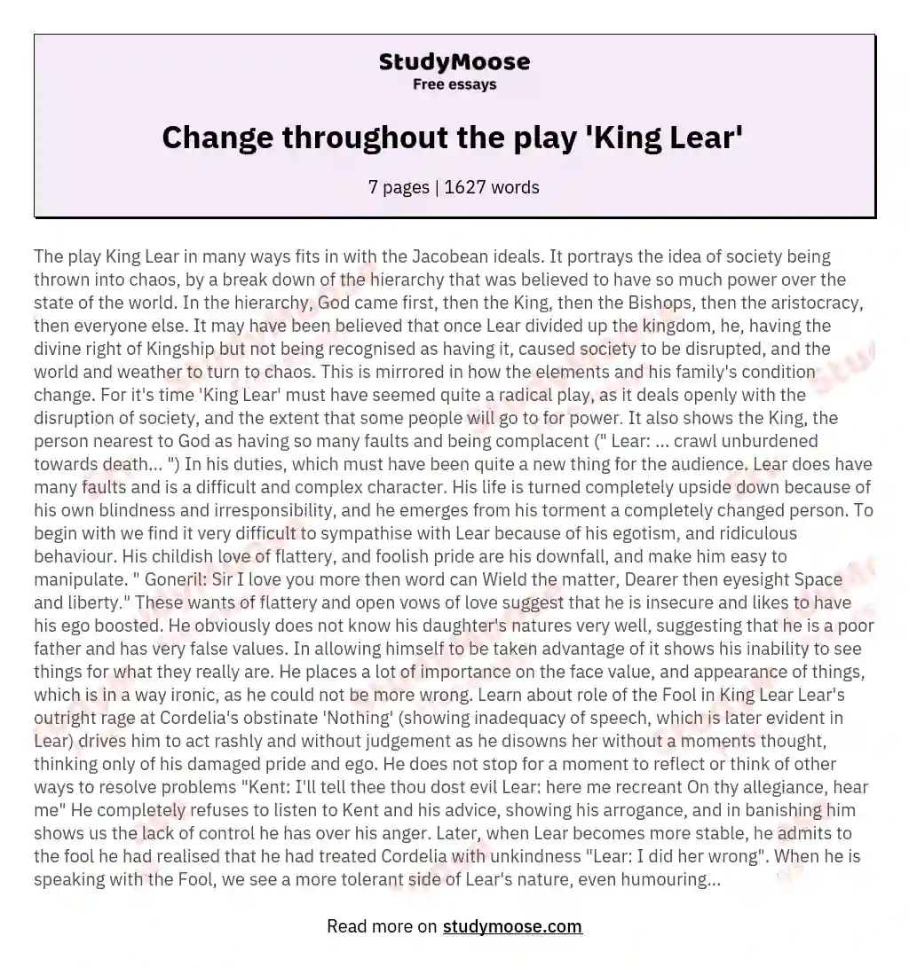 Change throughout the play 'King Lear'  essay