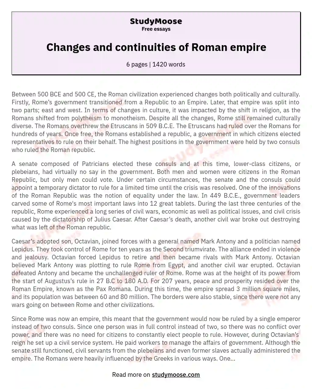 Changes and continuities of Roman empire essay