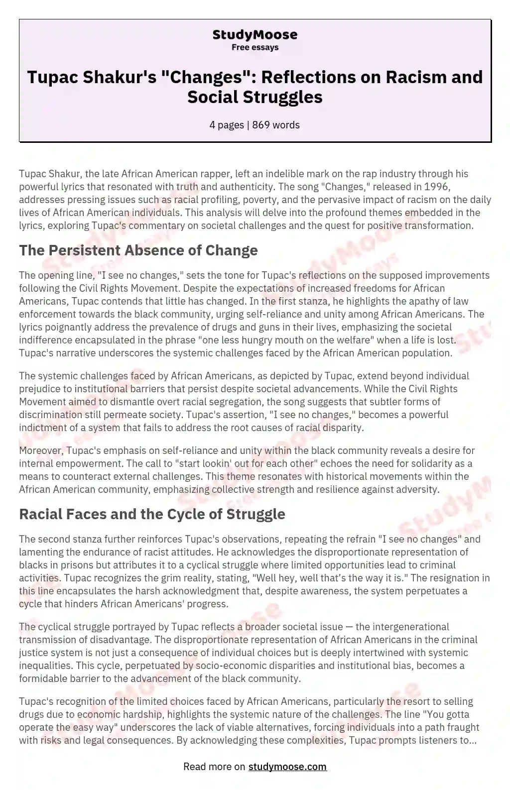 Tupac Shakur's "Changes": Reflections on Racism and Social Struggles essay