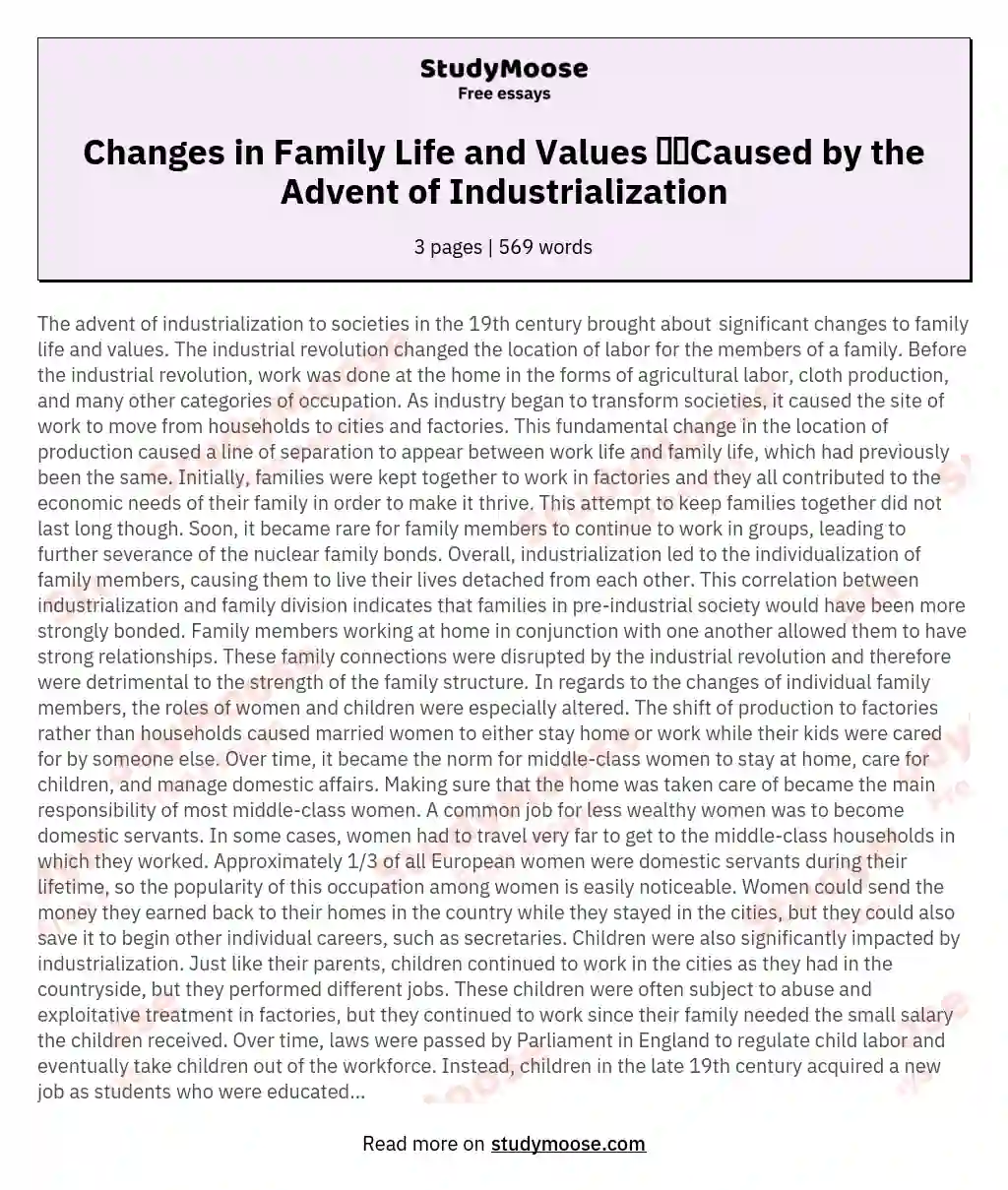 Changes in Family Life and Values ​​Caused by the Advent of Industrialization essay