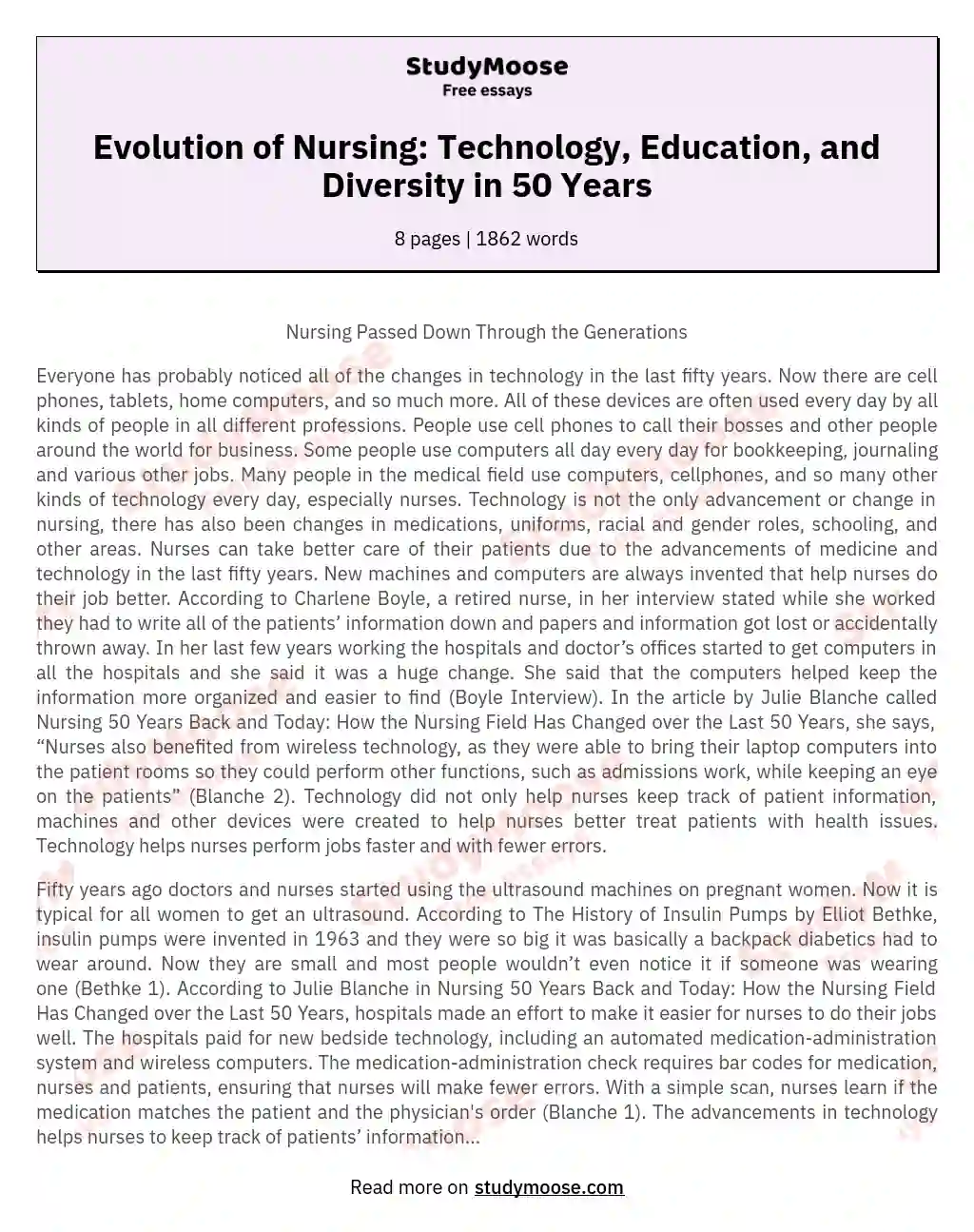 Evolution of Nursing: Technology, Education, and Diversity in 50 Years essay