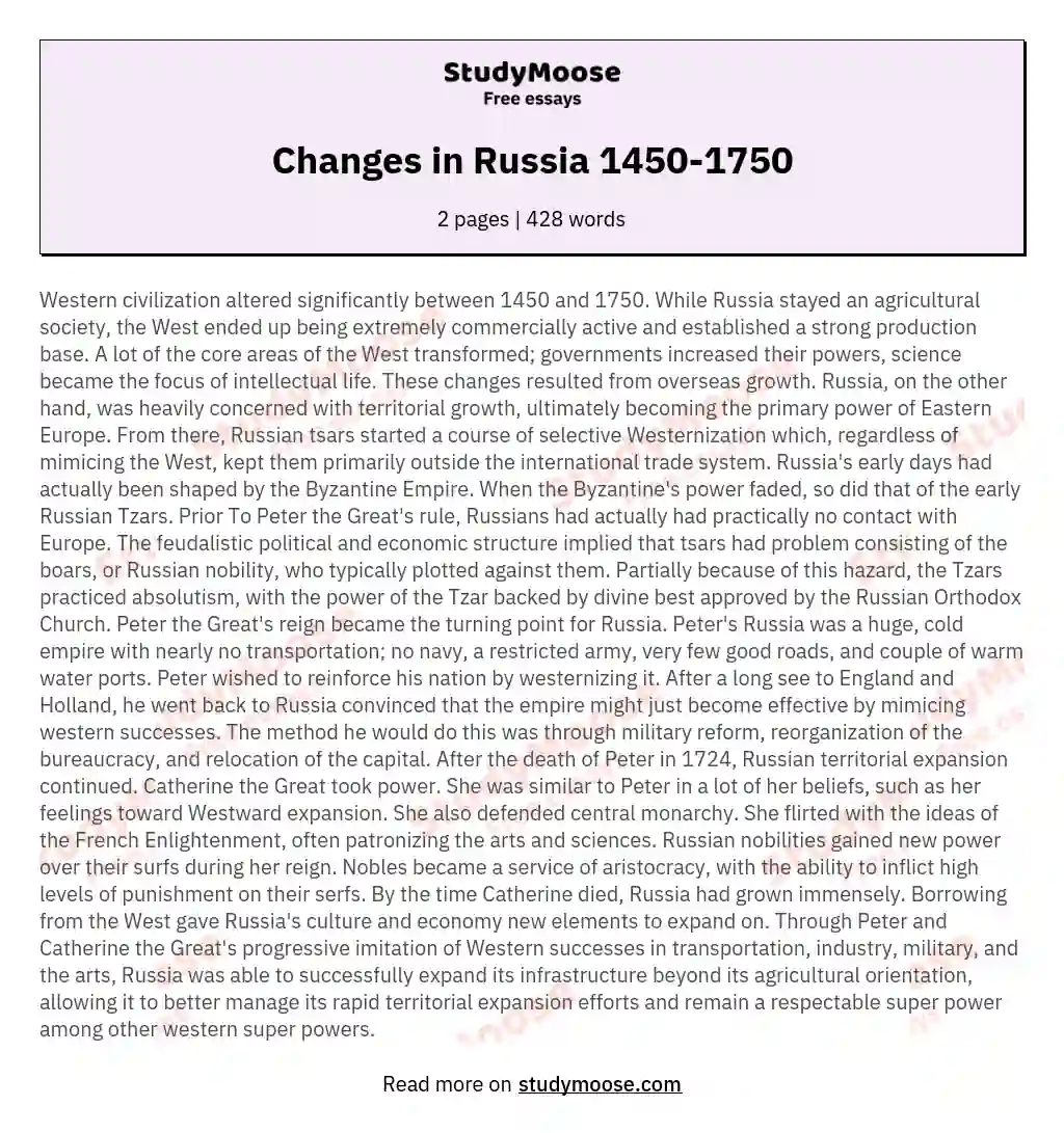Changes in Russia 1450-1750 essay