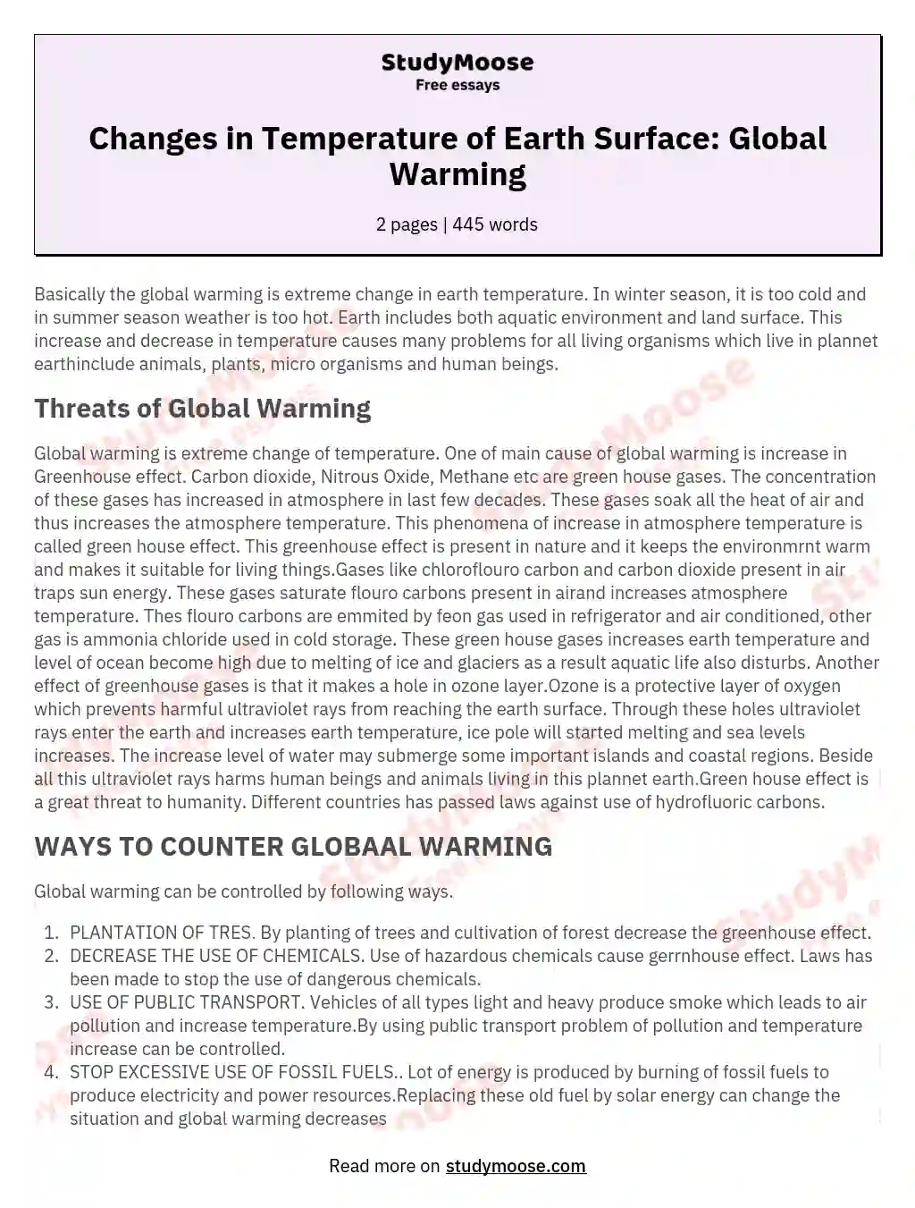Changes in Temperature of Earth Surface: Global Warming essay