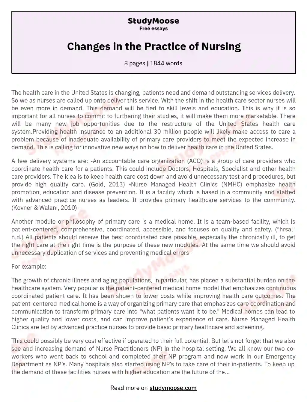 Changes in the Practice of Nursing essay
