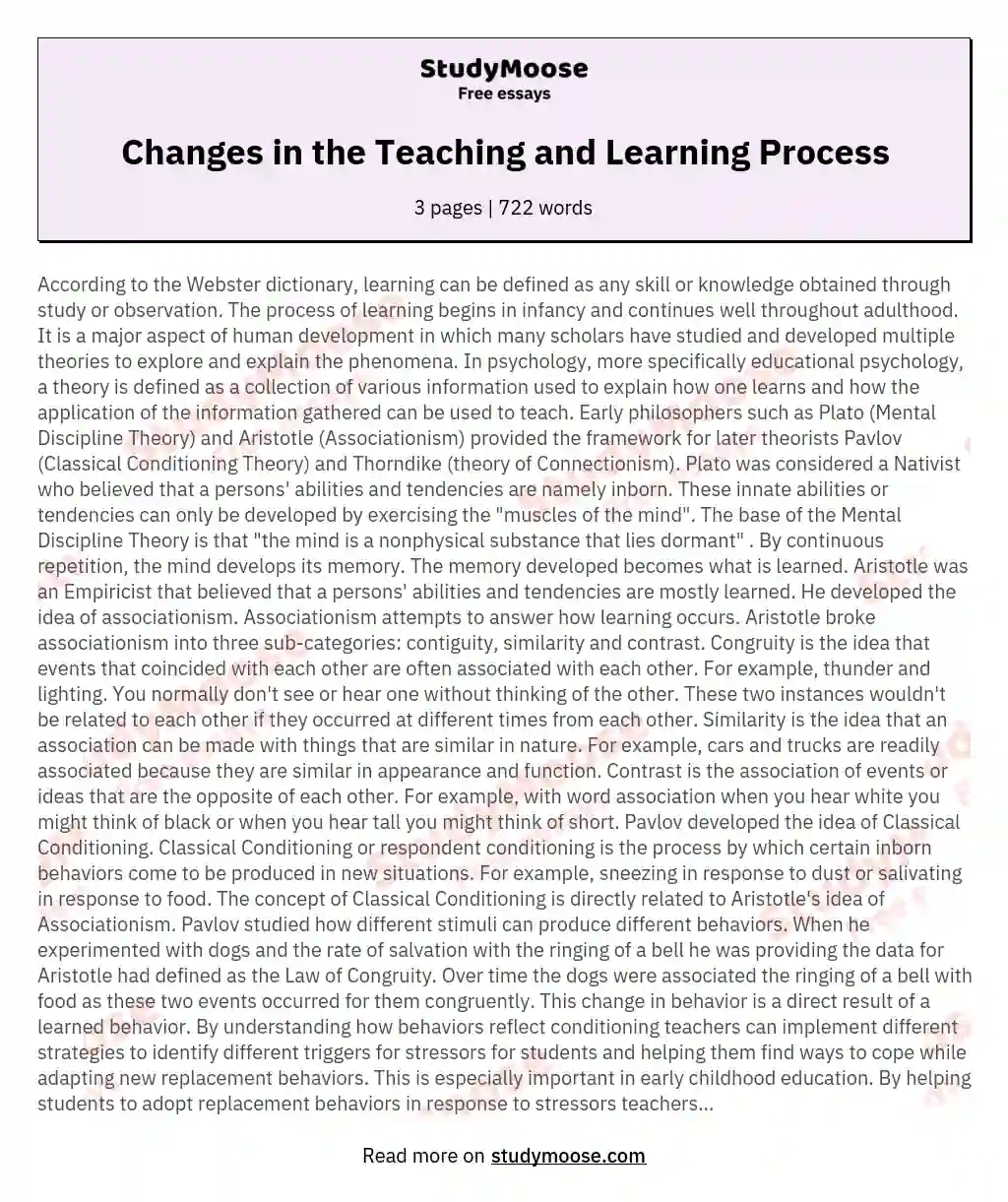 Changes in the Teaching and Learning Process essay