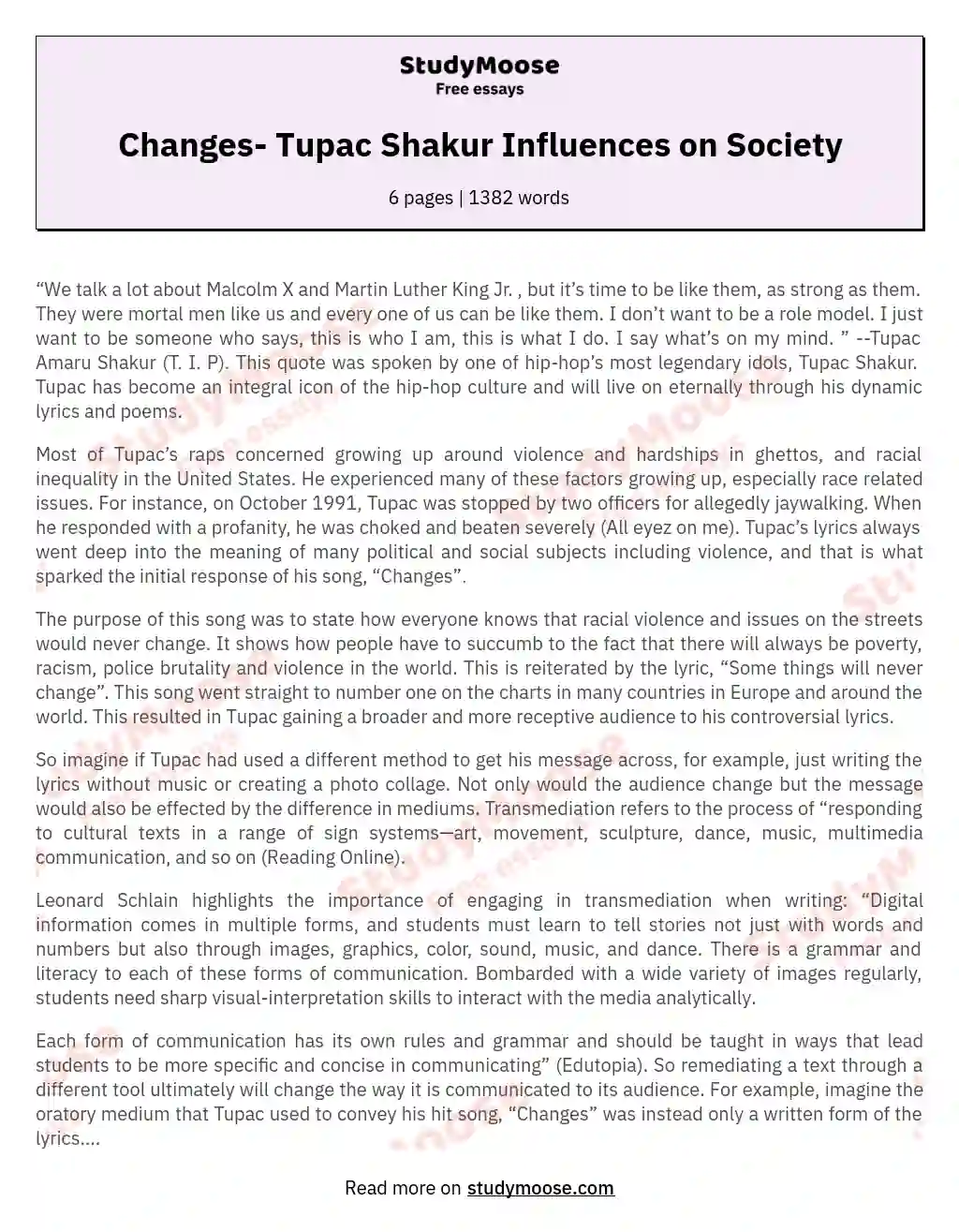 Changes- Tupac Shakur Influences on Society essay