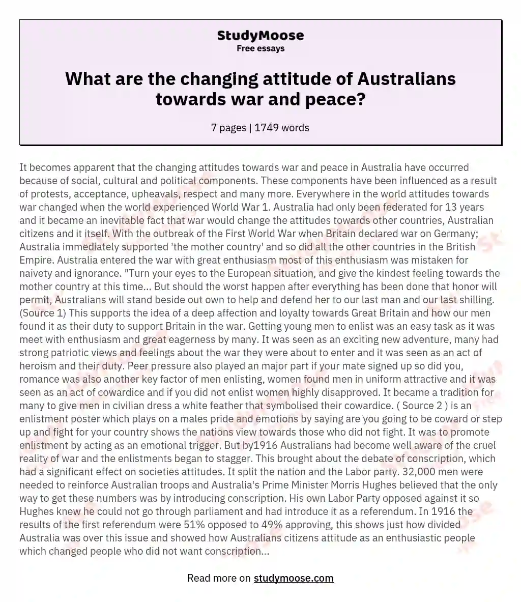 What are the changing attitude of Australians towards war and peace?