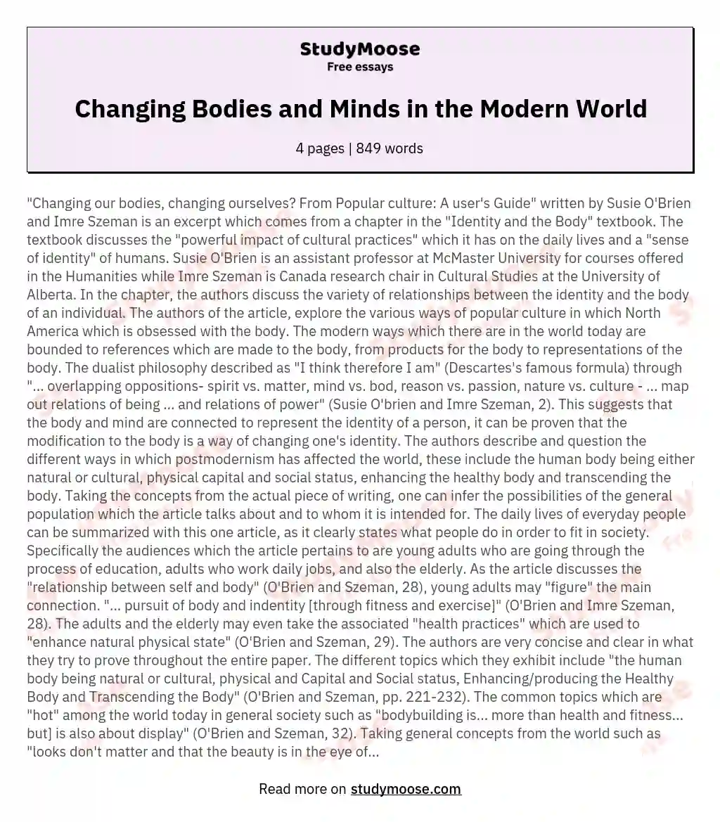 Changing Bodies and Minds in the Modern World essay