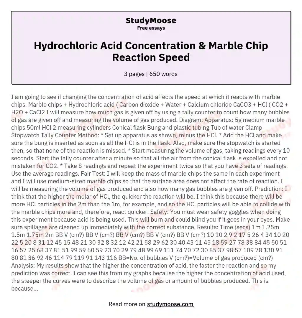 Hydrochloric Acid Concentration & Marble Chip Reaction Speed