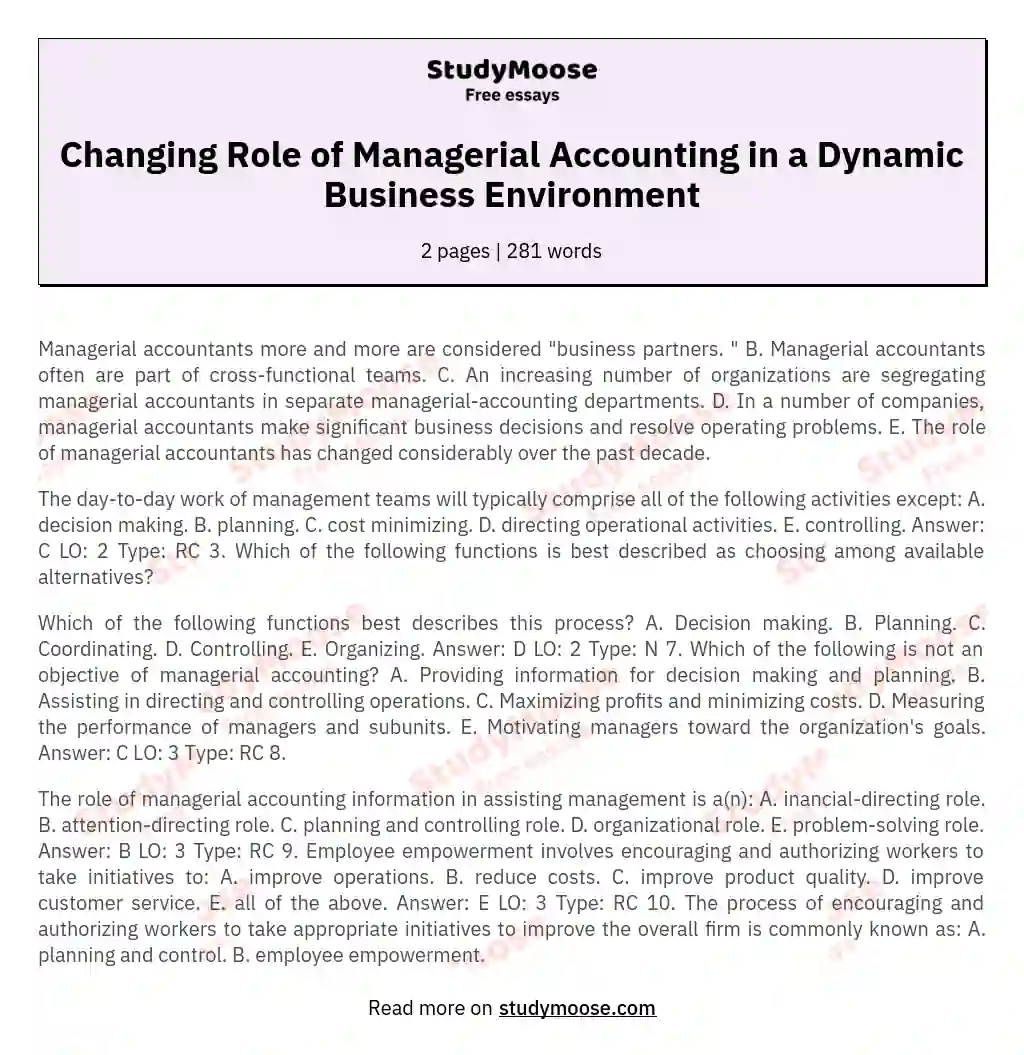 Changing Role of Managerial Accounting in a Dynamic Business Environment essay