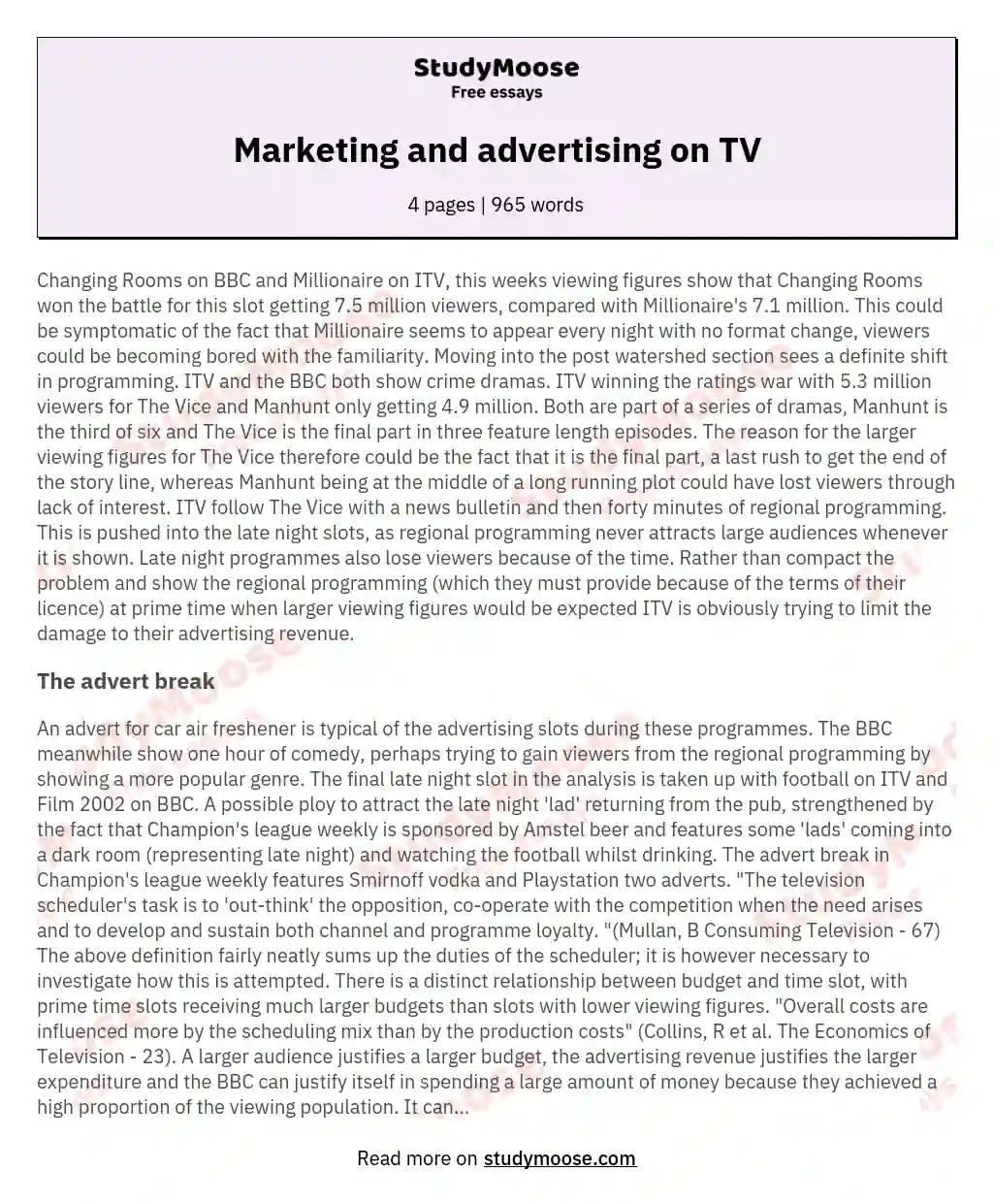 Marketing and advertising on TV essay