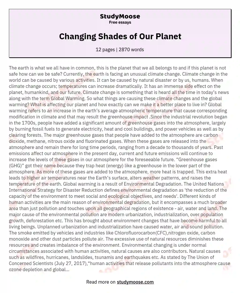 Changing Shades of Our Planet essay