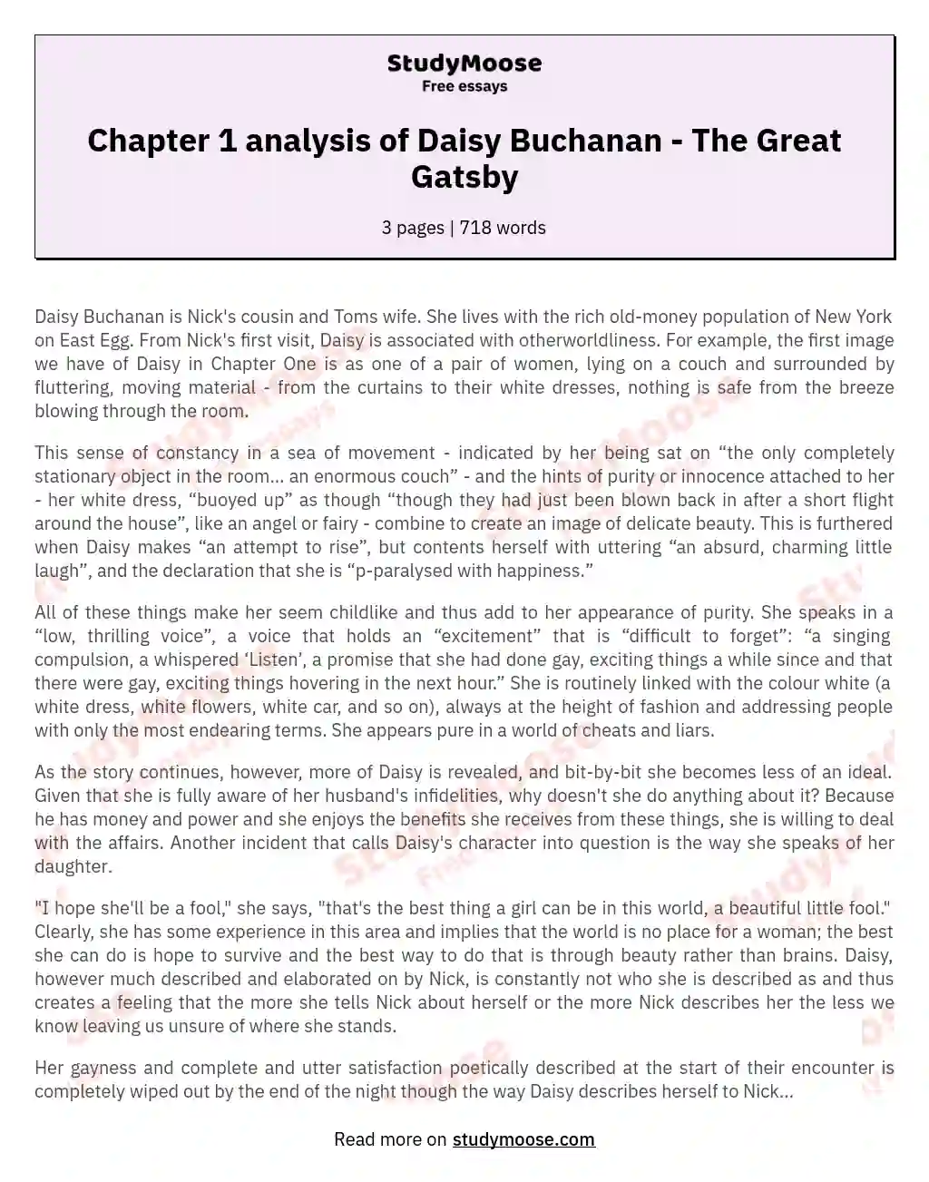 Chapter 1 analysis of Daisy Buchanan - The Great Gatsby essay