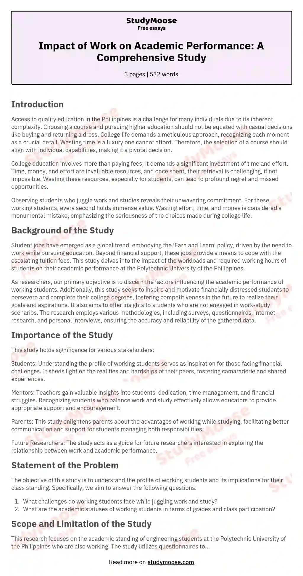 Impact of Work on Academic Performance: A Comprehensive Study essay