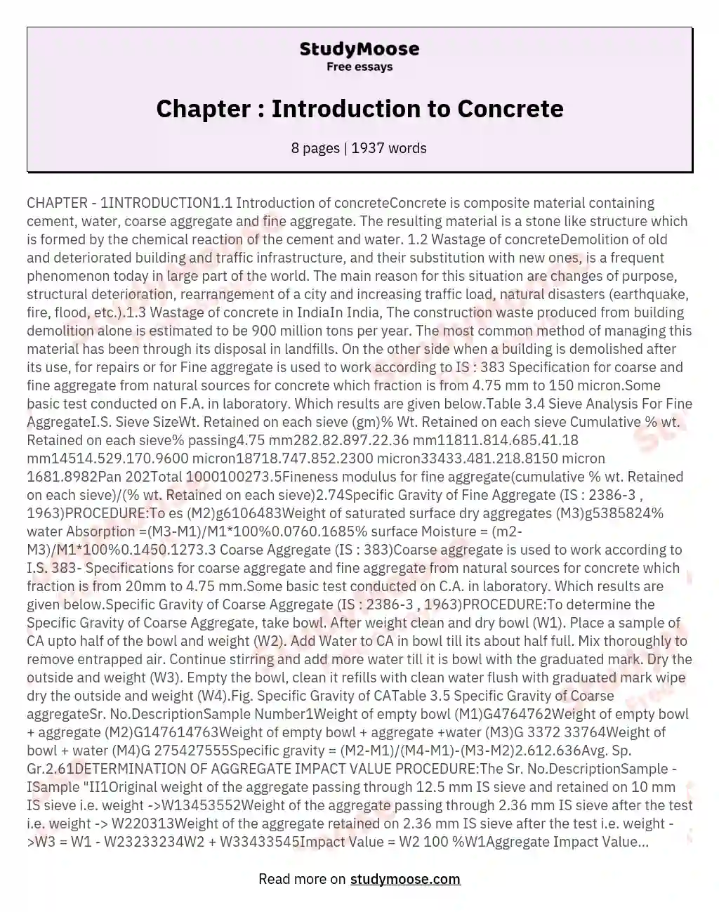 Chapter : Introduction to Concrete