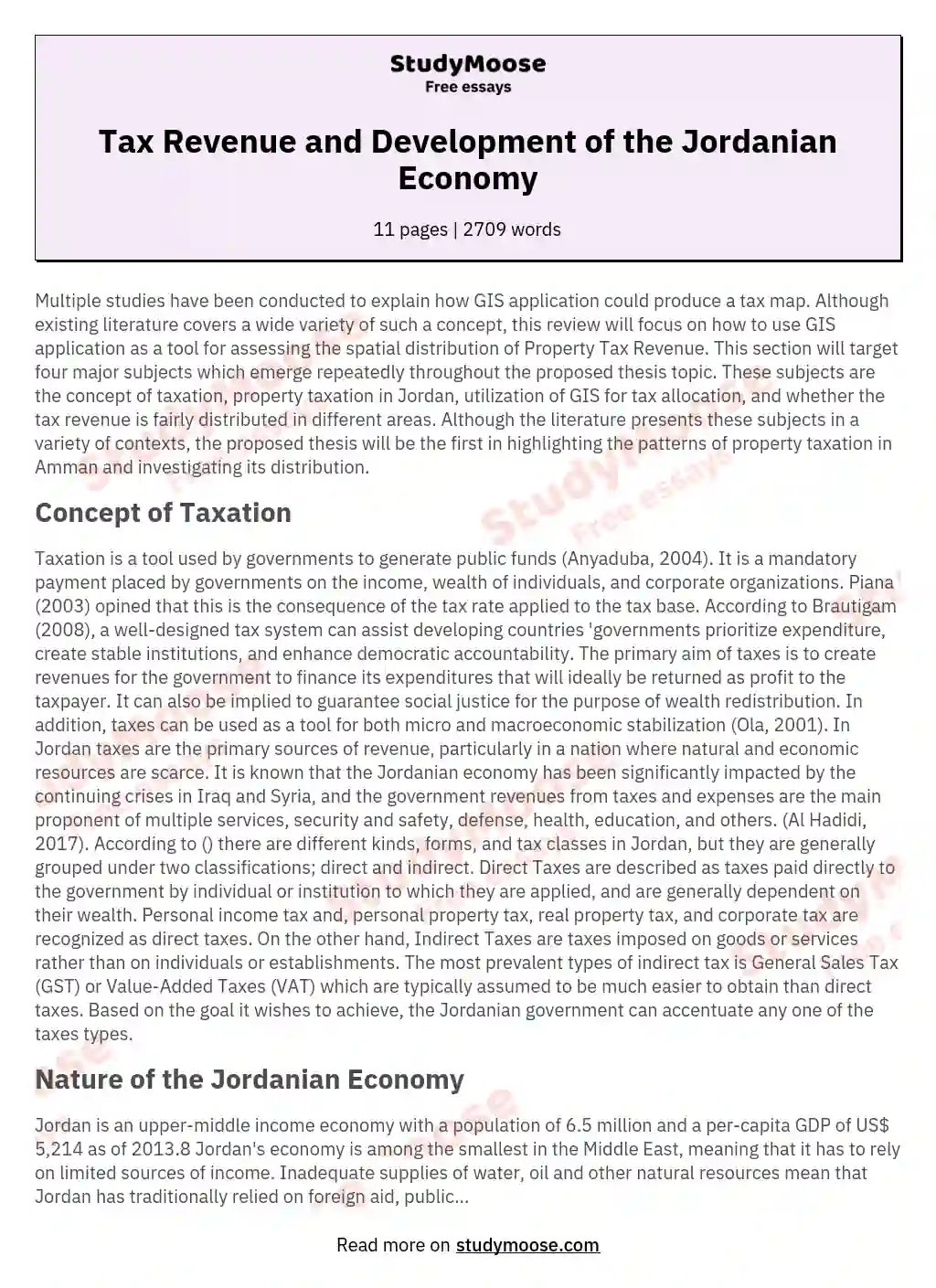 Tax Revenue and Development of the Jordanian Economy essay