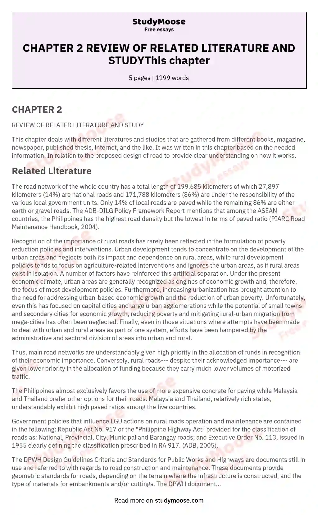 CHAPTER 2 REVIEW OF RELATED LITERATURE AND STUDYThis chapter essay