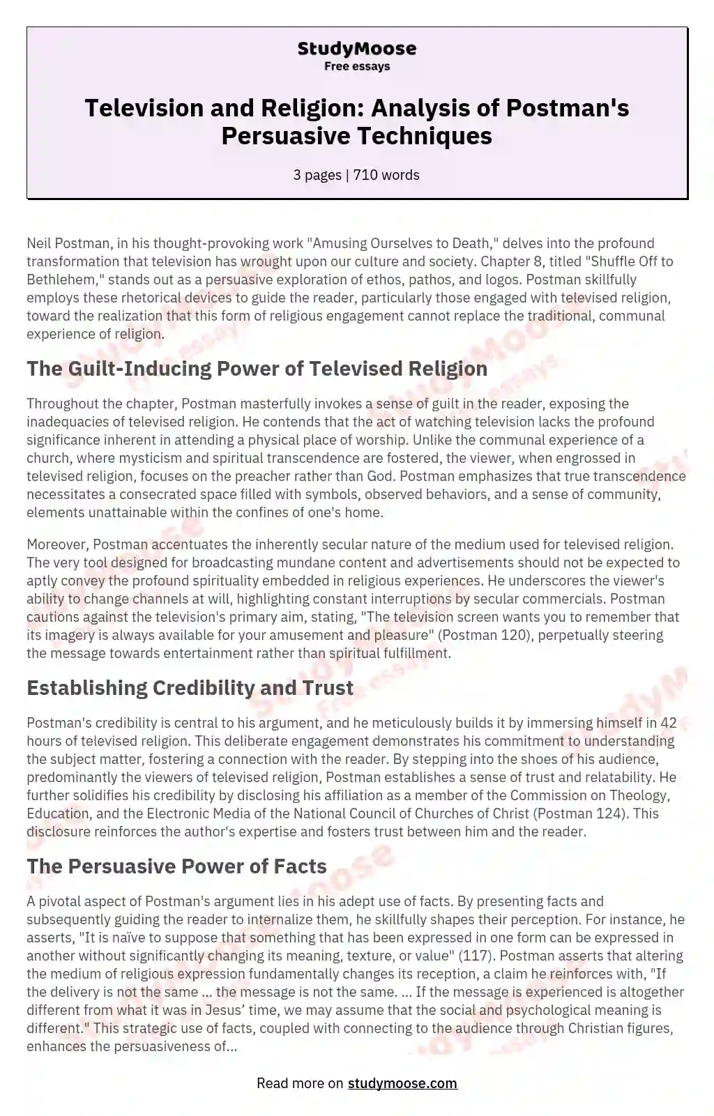 Television and Religion: Analysis of Postman's Persuasive Techniques essay