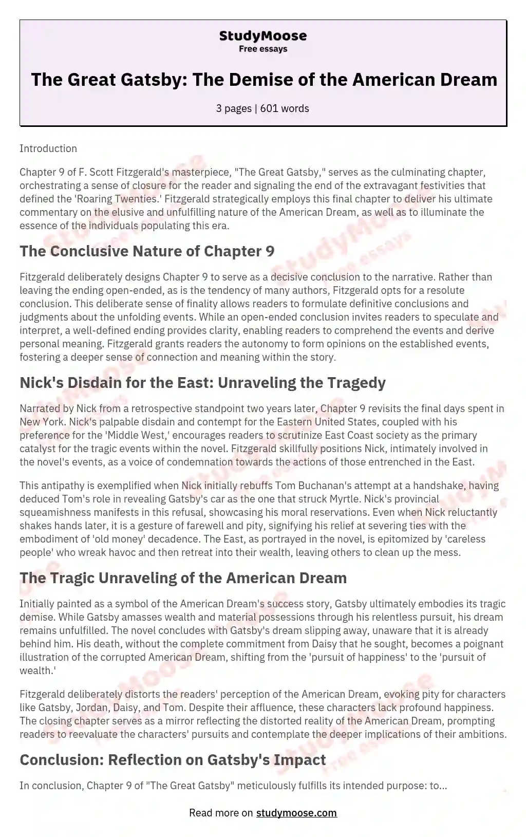 The Great Gatsby: The Demise of the American Dream essay