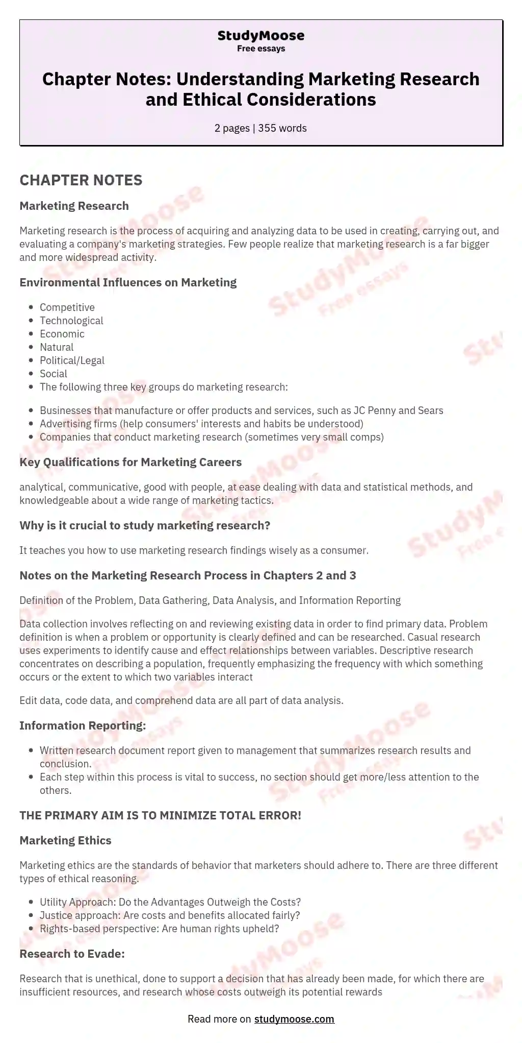 Chapter Notes: Understanding Marketing Research and Ethical Considerations essay