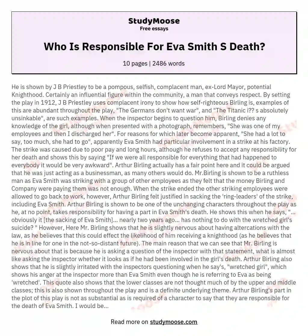 Who Is Responsible For Eva Smith S Death? essay