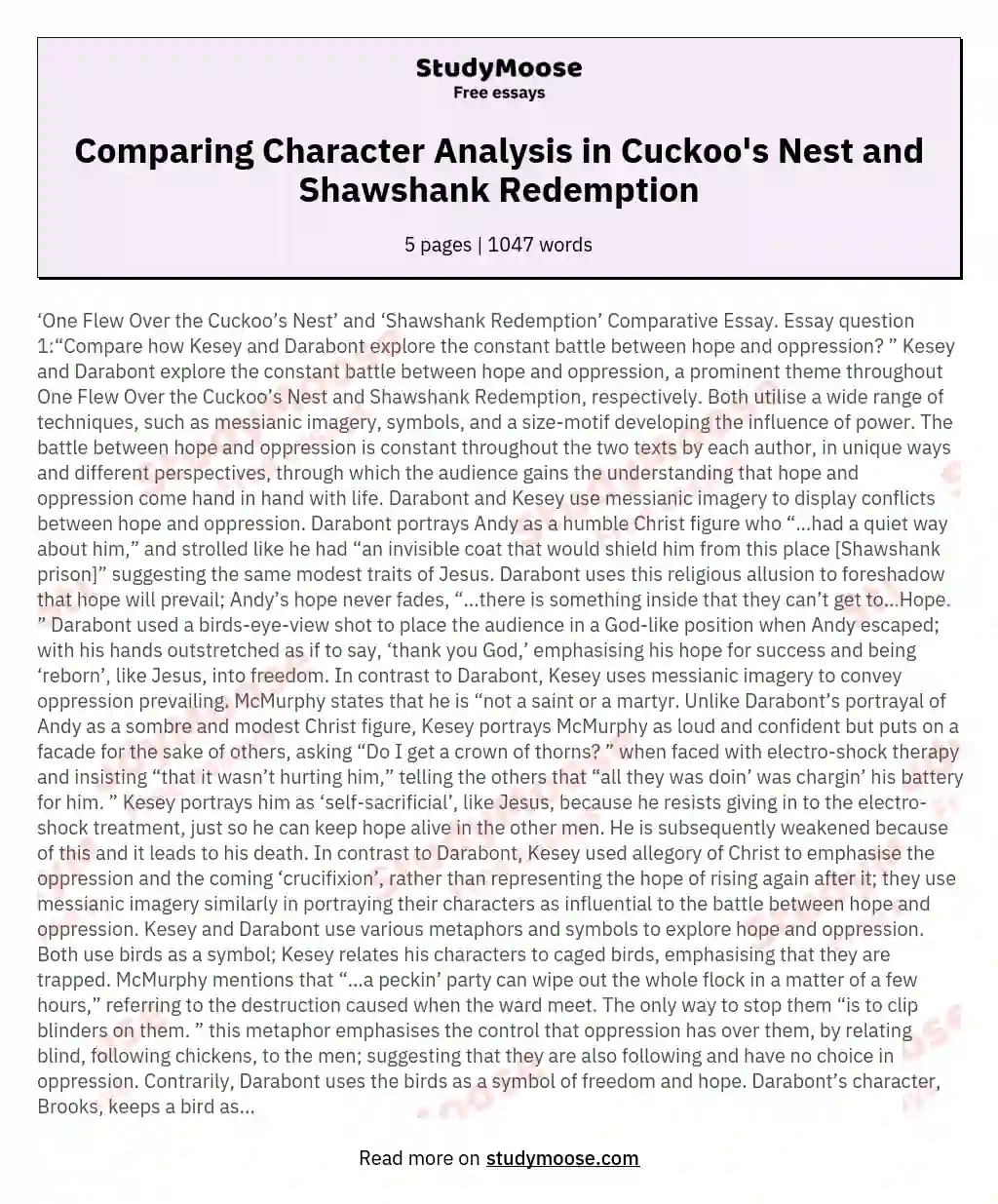 Character Analysis and Comparison: One Flew Over the Cuckoo's Nest' and Shawshank Redemption