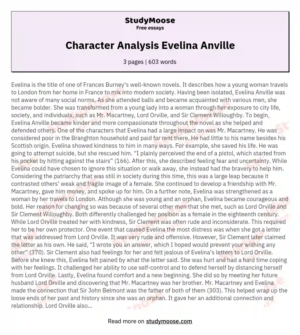 Character Analysis Evelina Anville essay