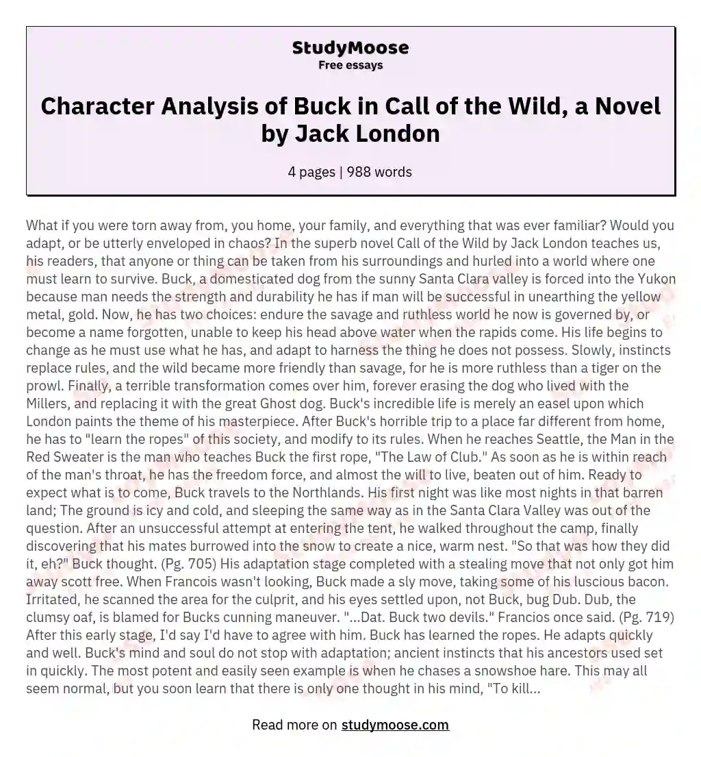 Character Analysis of Buck in Call of the Wild, a Novel by Jack London essay