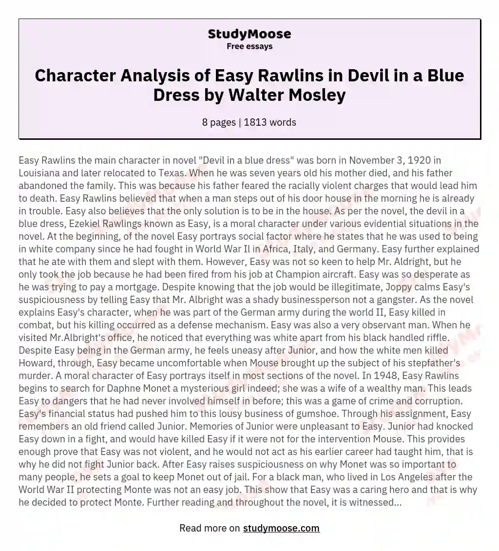 Character Analysis of Easy Rawlins in Devil in a Blue Dress by Walter Mosley essay