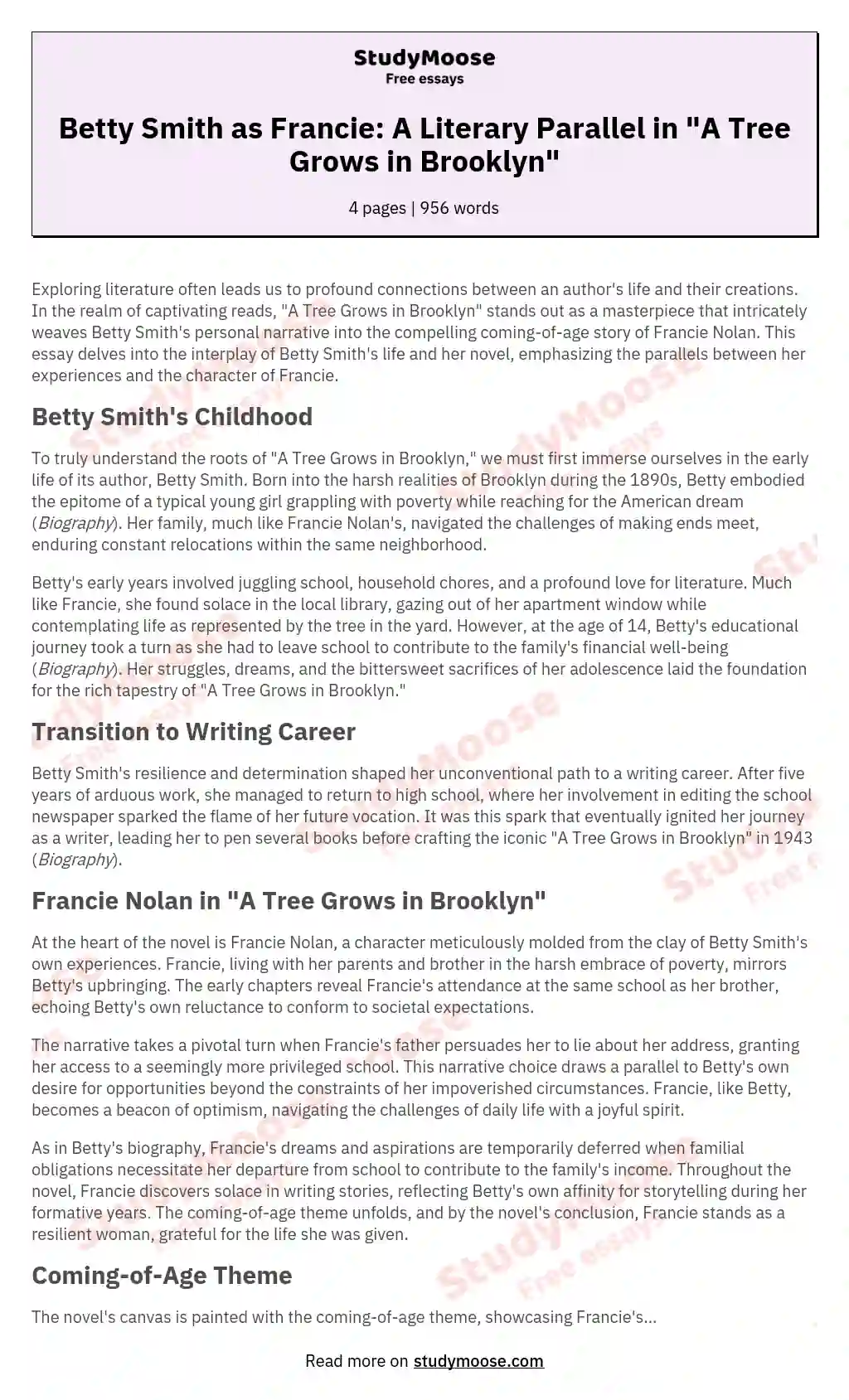 Betty Smith as Francie: A Literary Parallel in "A Tree Grows in Brooklyn" essay