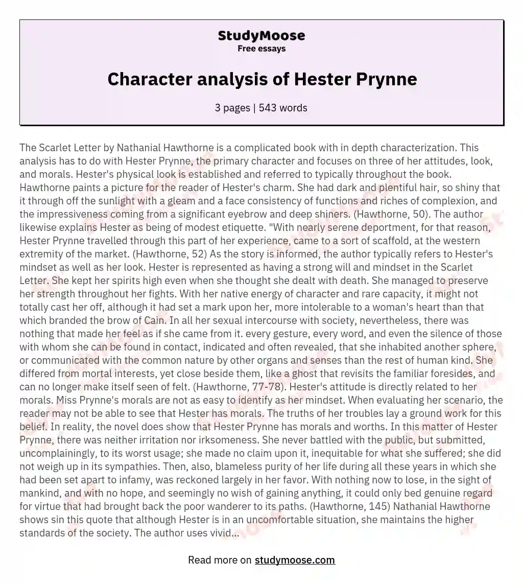 Character analysis of Hester Prynne essay
