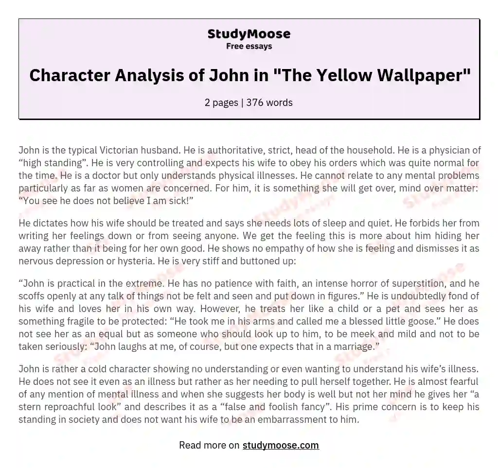 Character Analysis of John in "The Yellow Wallpaper" essay